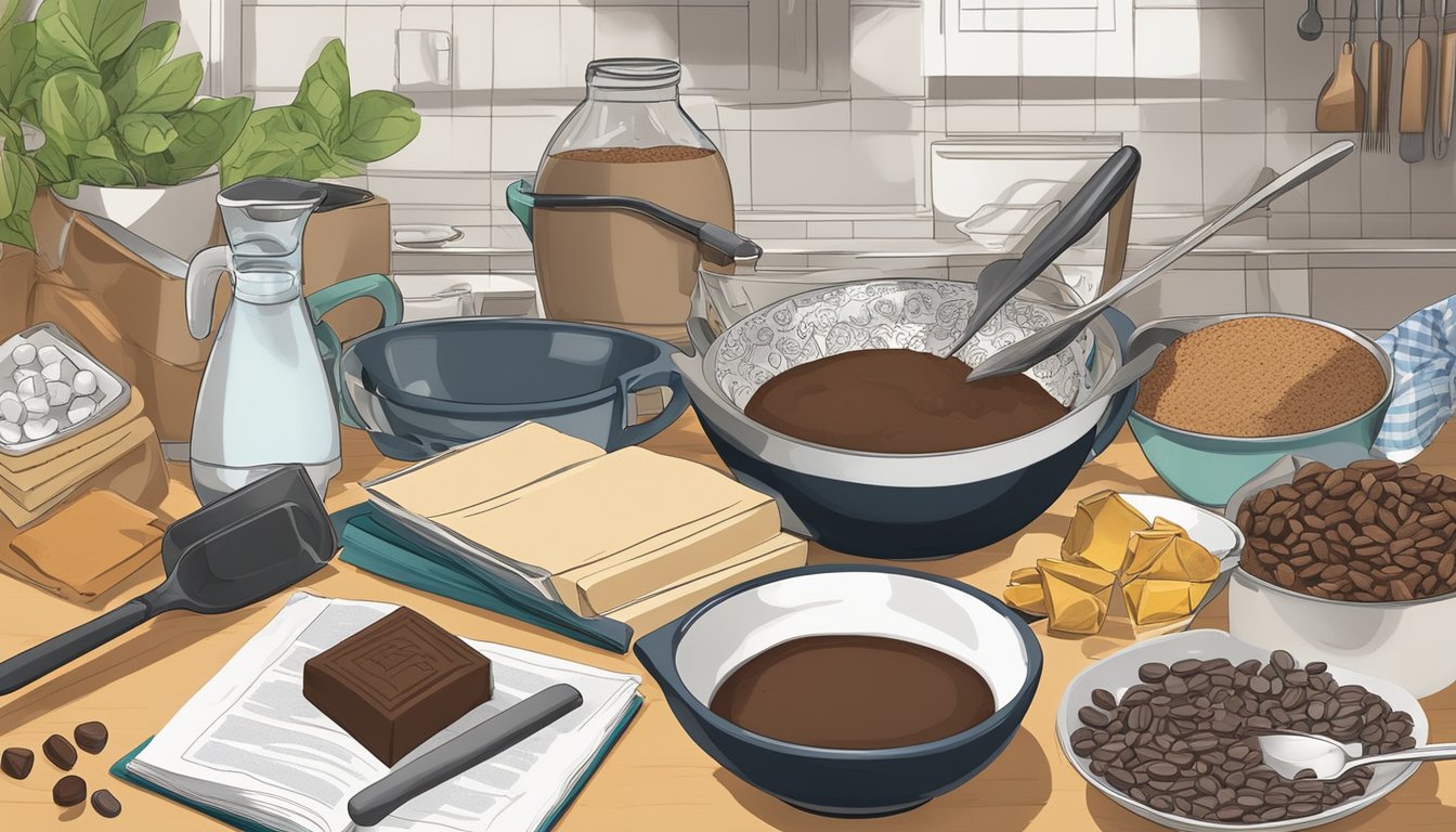 A kitchen counter with a bowl of Hershey's cocoa, various cooking utensils, and ingredients such as sugar and milk. A cookbook open to a page with advanced techniques and tips for cooking with cocoa