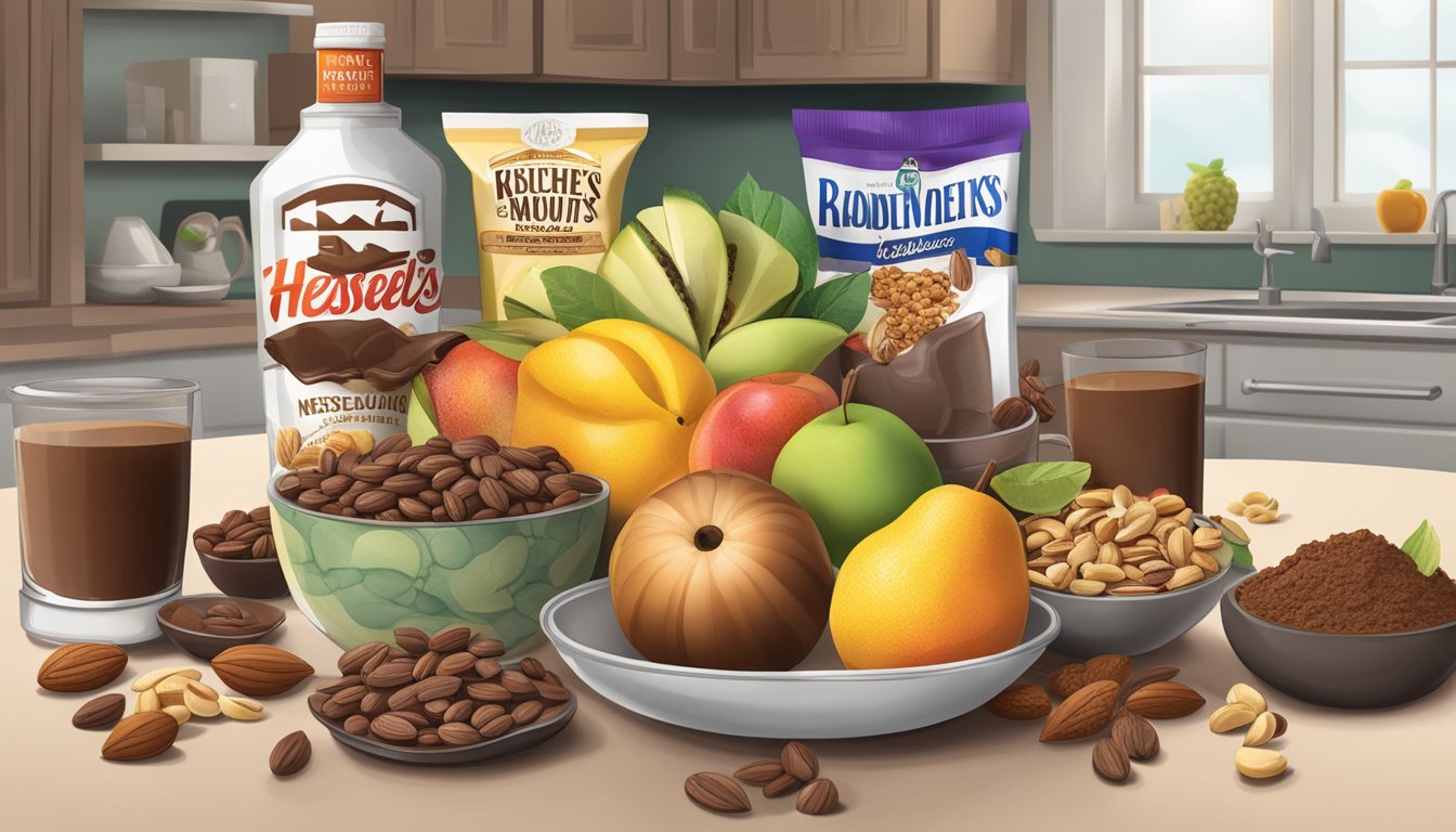 A kitchen counter with a bowl of Hershey's cocoa, surrounded by fresh fruits, nuts, and various cooking ingredients