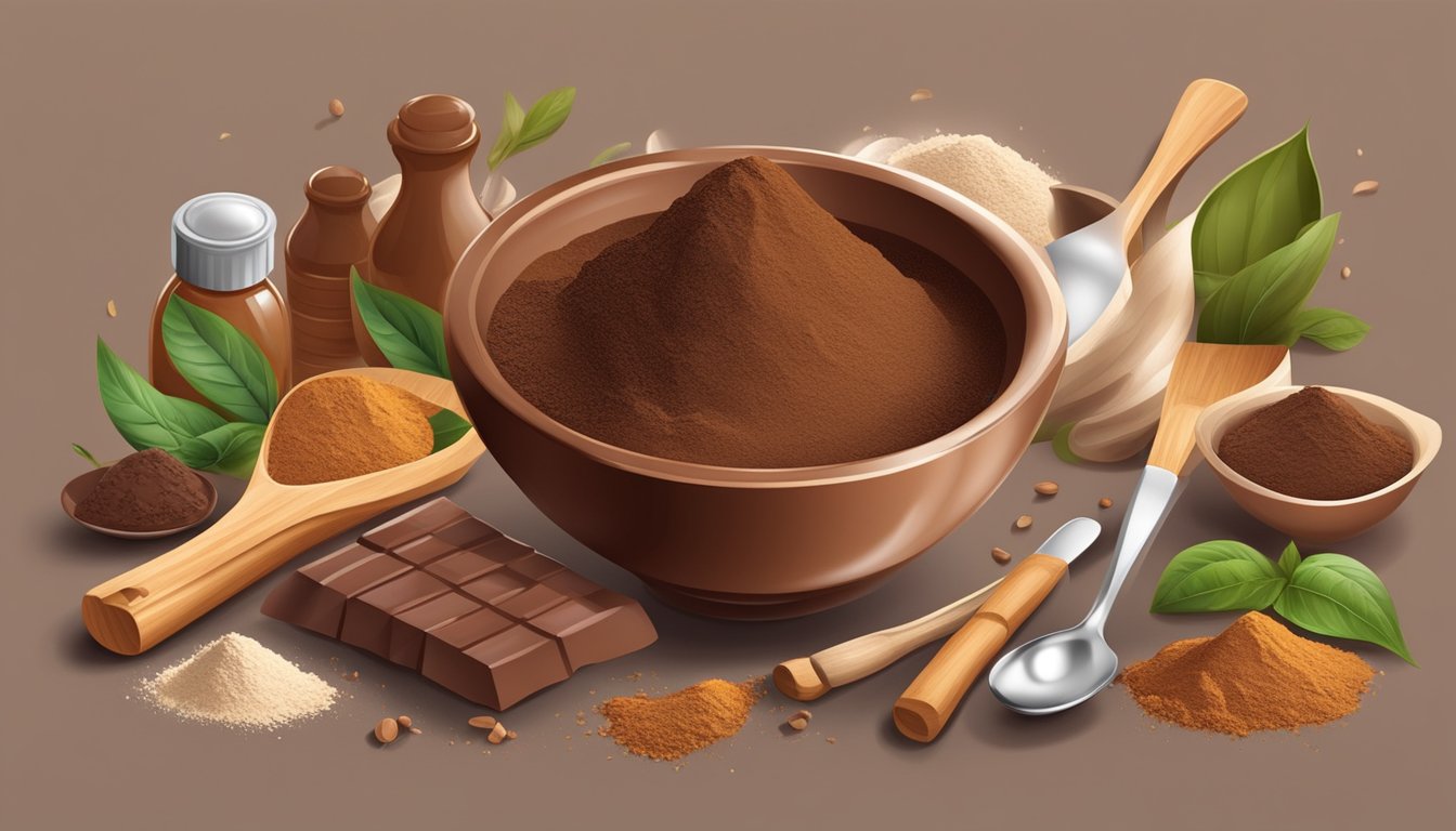 A bowl of cocoa powder surrounded by ingredients and kitchen utensils