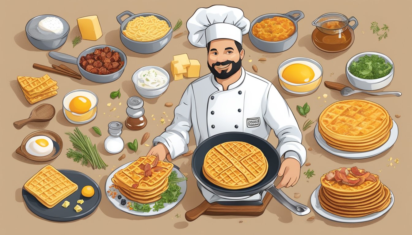 A chef topping eggo waffles with savory ingredients like bacon, eggs, and cheese, while a variety of spices and herbs sit nearby