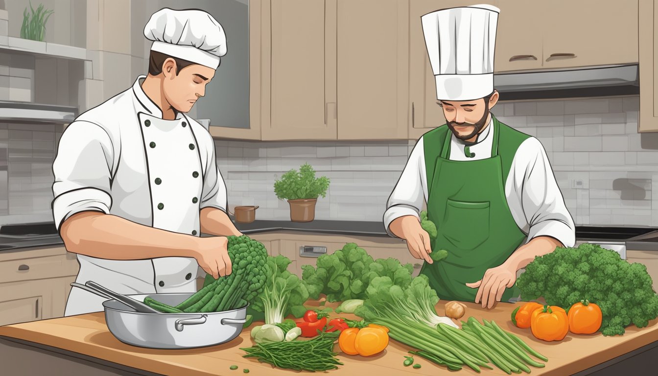 A chef places a bag of Green Giant frozen vegetables on a cutting board, surrounded by fresh herbs and spices. A pot of boiling water steams on the stove