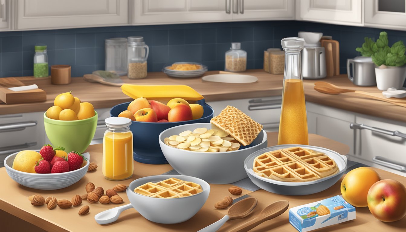 A kitchen counter with a variety of ingredients and kitchen tools, including fruits, nuts, syrups, and a package of Eggo waffles