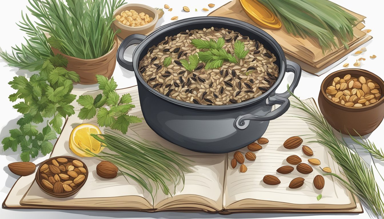 A steaming pot of wild rice surrounded by various nuts and herbs, with a cookbook open to a page on wild rice recipes