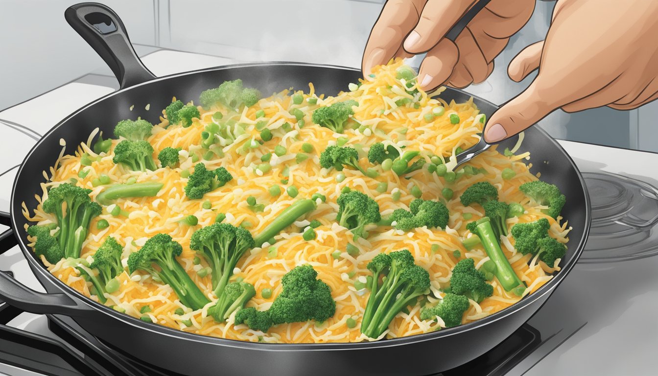 A chef sprinkles shredded cheese over sizzling Green Giant frozen vegetables in a hot pan, creating a flavorful and easy side dish