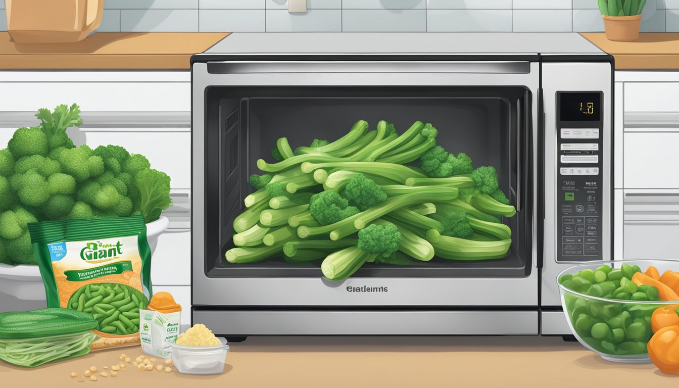 A kitchen counter with a bag of Green Giant frozen vegetables, a steamer basket, and a microwave-safe dish for reheating