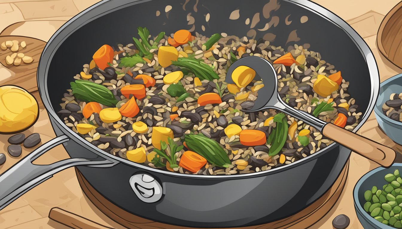 Wild rice and assorted vegetables being stirred in a sizzling pan with protein, creating a nutty aroma