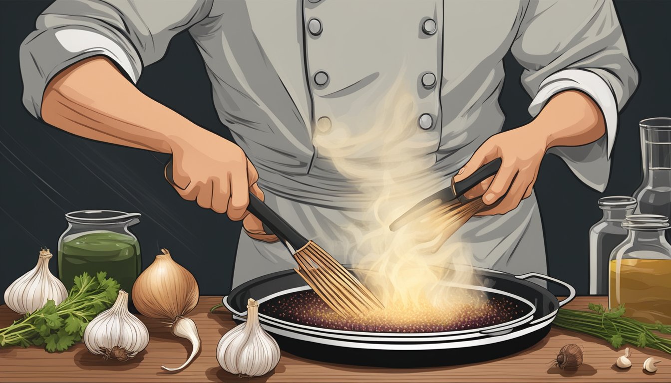 A chef pouring zinfandel into a sizzling pan of sautéing shallots and garlic