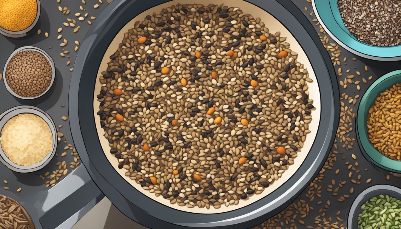 Wild rice grains being tossed with assorted seasonings and flavorings in a mixing bowl