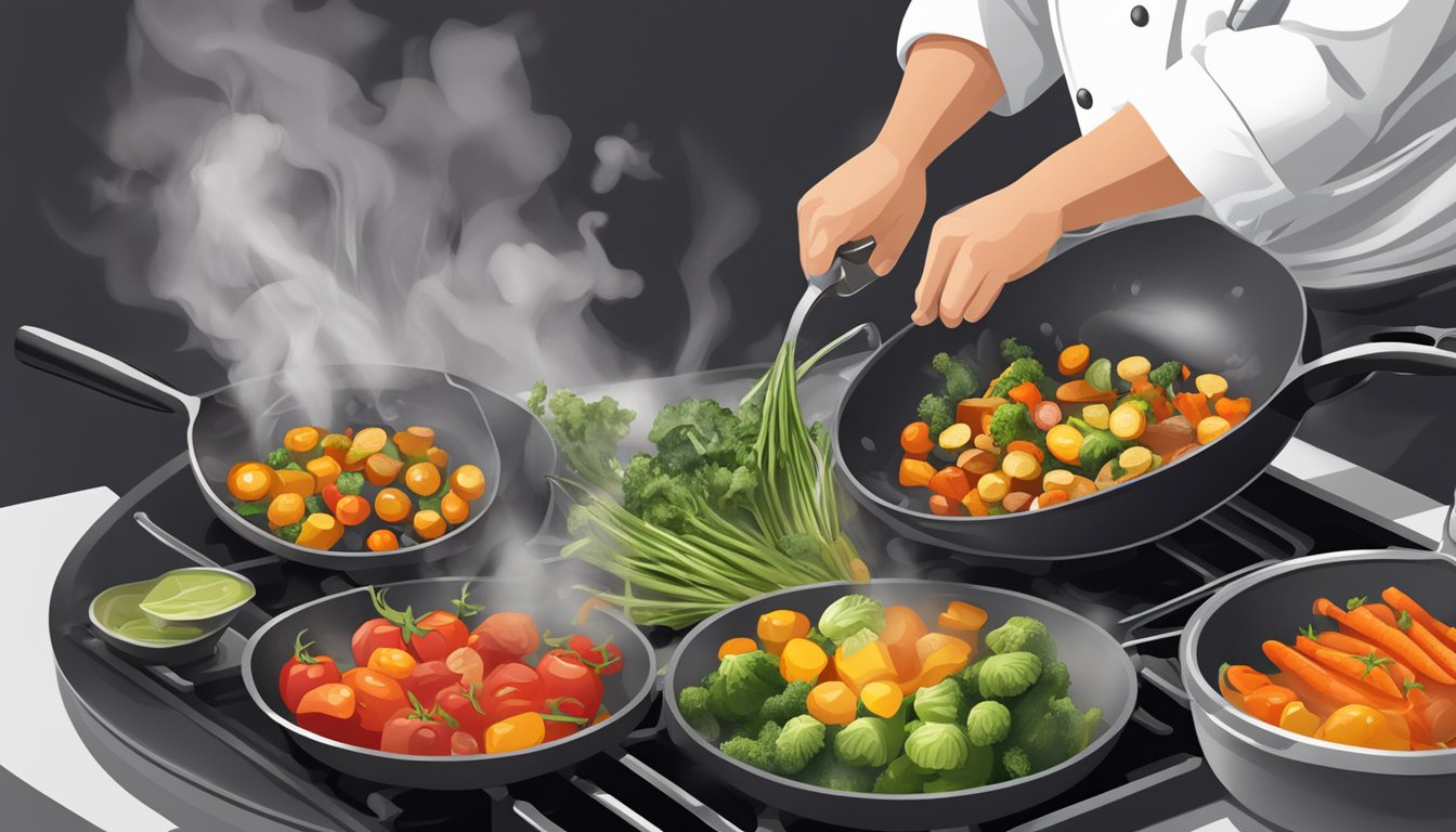 A chef pouring zinfandel into a sizzling pan of sautéing vegetables