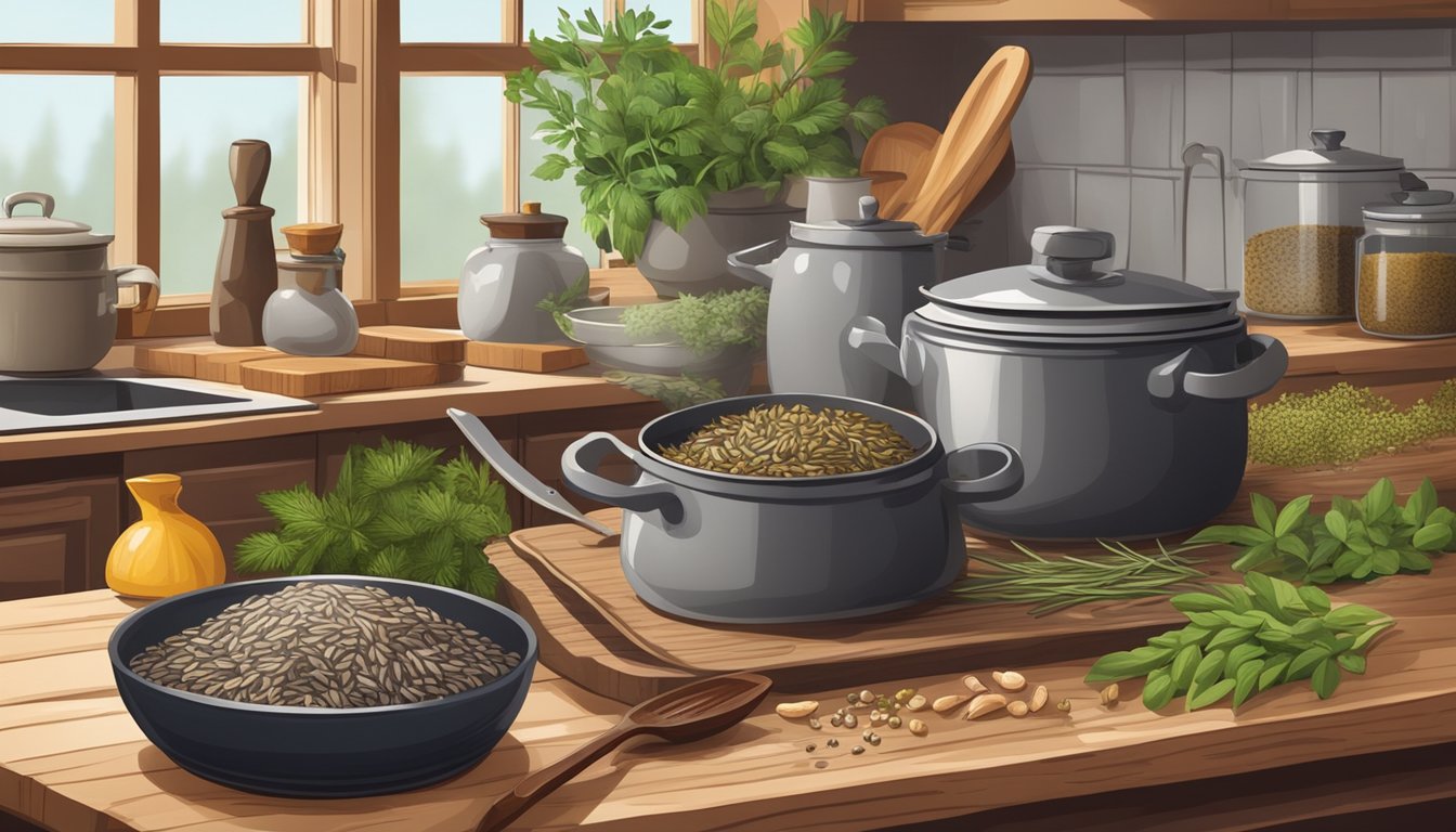 A rustic kitchen with a pot of cooked wild rice on a wooden countertop, surrounded by various herbs, spices, and cooking utensils