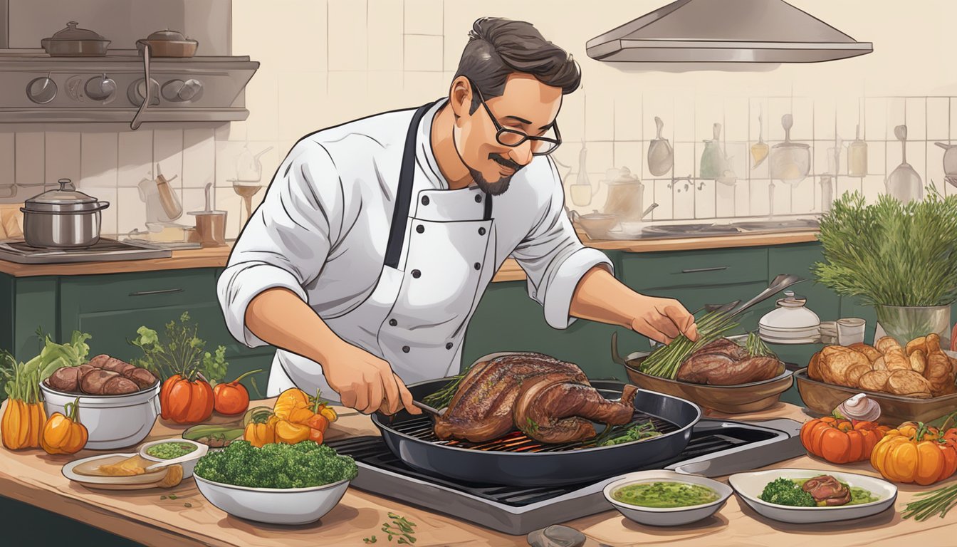 A chef pouring zinfandel into a pan of sizzling garlic and herbs, alongside a platter of grilled meats and roasted vegetables