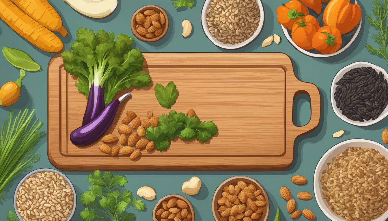 A wooden cutting board with wild rice, assorted nuts, and vegetables arranged for cooking