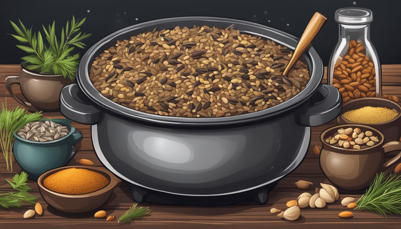 A steaming pot of wild rice surrounded by assorted nuts, herbs, and spices on a rustic wooden table