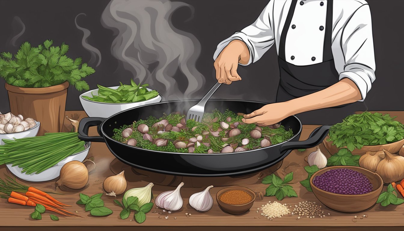 A chef pouring zinfandel into a sizzling skillet of sautéing shallots and garlic, surrounded by bowls of fresh herbs and spices