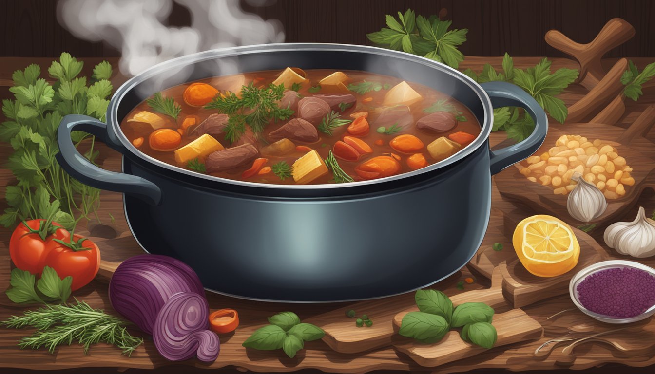 A steaming pot of zinfandel-infused stew surrounded by fresh herbs and spices on a rustic wooden table