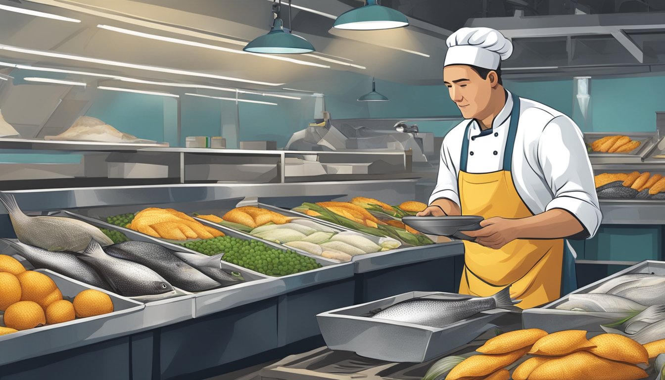 A chef examining fresh turbot at a fish market