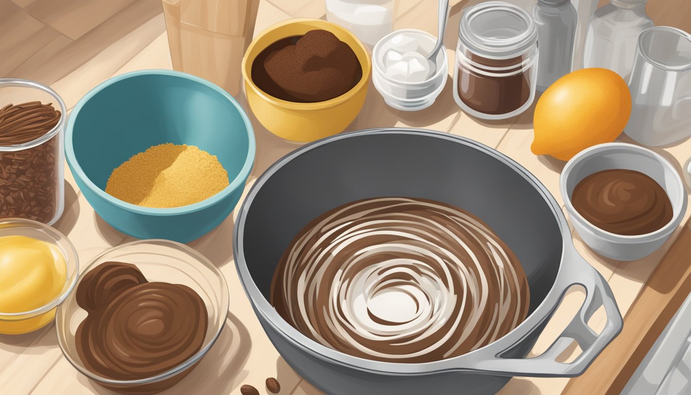 A mixing bowl filled with Duncan Hines brownie mix, a whisk, and various ingredients laid out on a kitchen counter