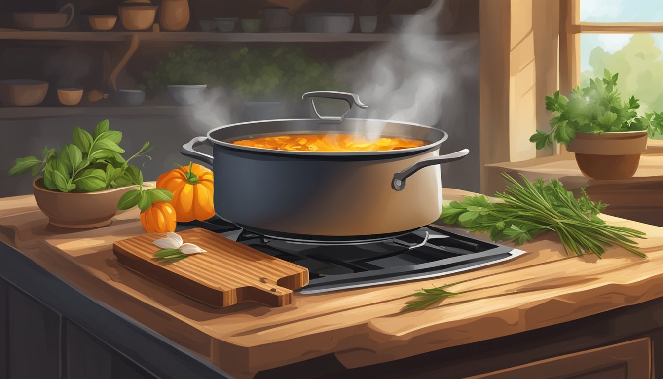 A rustic kitchen with a wooden cutting board, a knife, fresh herbs, and a pot simmering over an open flame