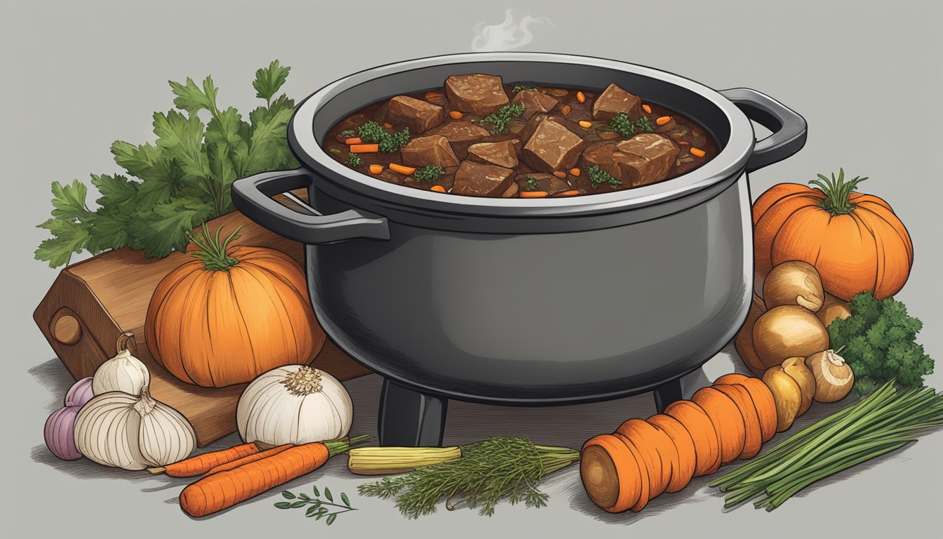 A large pot simmers over a crackling fire, filled with chunks of venison, onions, carrots, and herbs, creating a rich and hearty stew base