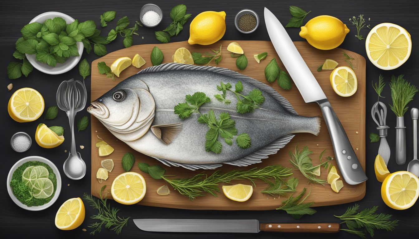 A chef preparing turbot with herbs and lemon on a cutting board, surrounded by various cooking utensils and ingredients