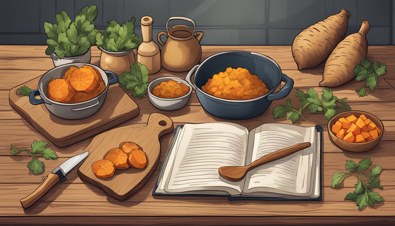 A rustic kitchen with a wooden cutting board, a pile of fresh yams, various cooking utensils, and a cookbook open to a page with savory yam recipes