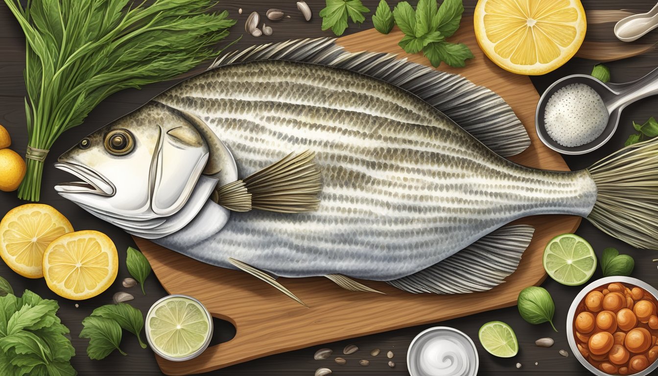 A turbot fish surrounded by various fresh ingredients and cooking utensils on a wooden cutting board