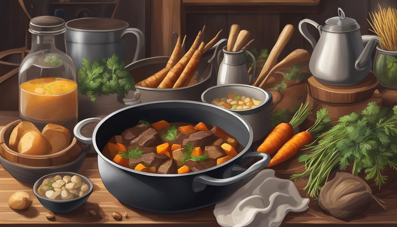 A cozy kitchen with a bubbling pot of venison stew, surrounded by rustic ingredients like root vegetables and herbs