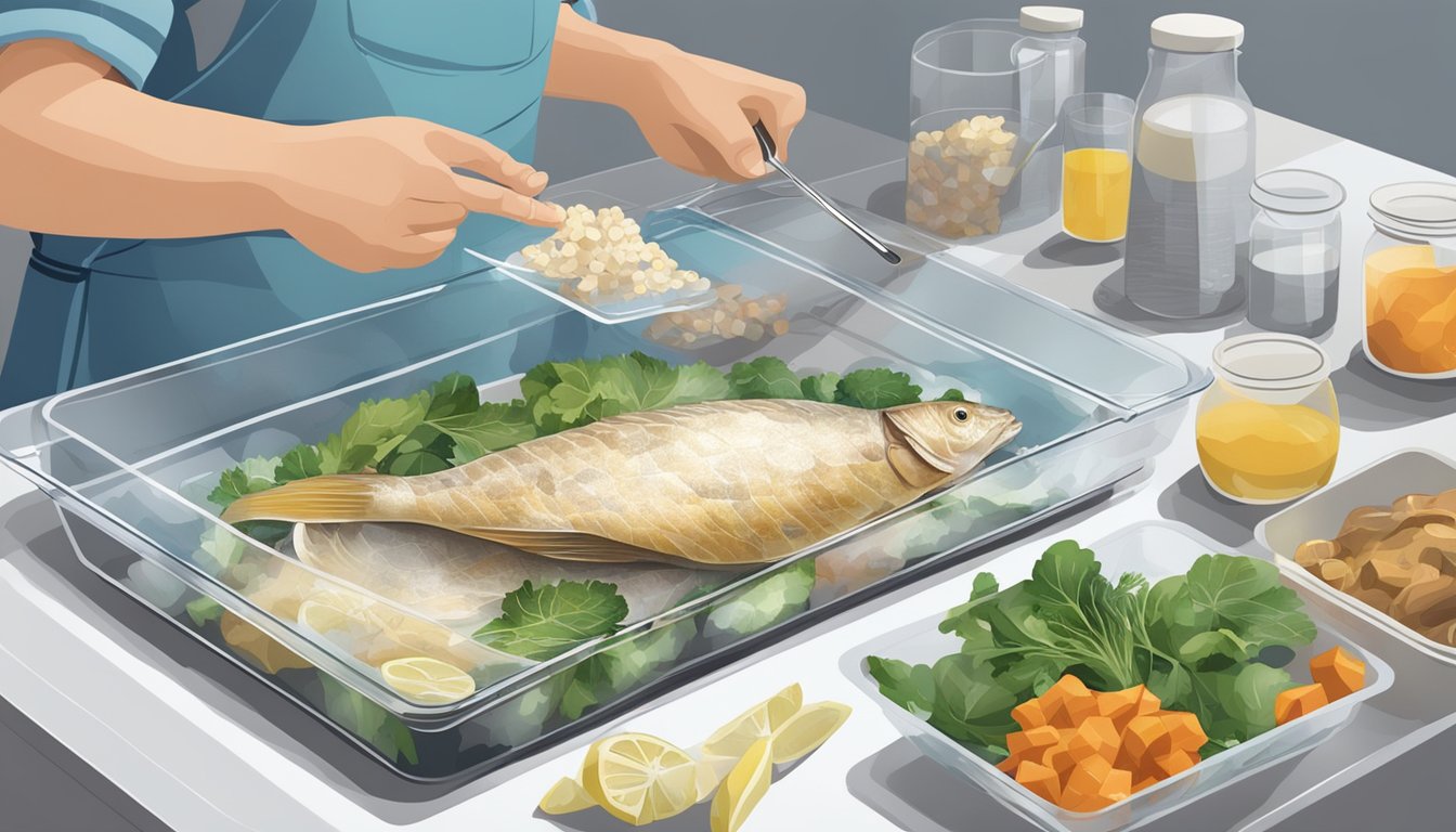 A chef placing turbot leftovers in a clear plastic container, with various ingredients and cooking utensils scattered around the kitchen counter