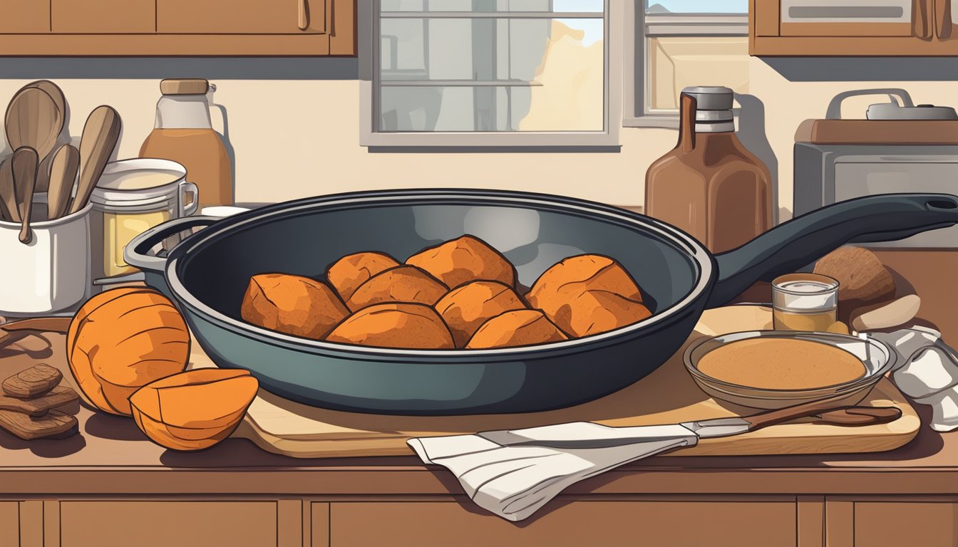 A kitchen counter with fresh yams, a cutting board, knife, and various cooking utensils. A pot and skillet sit on the stove. Ingredients like butter, cinnamon, and brown sugar are nearby