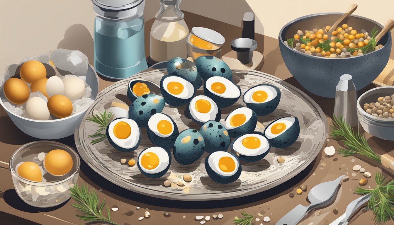 A bowl of quail eggs surrounded by ingredients and cooking utensils on a kitchen counter