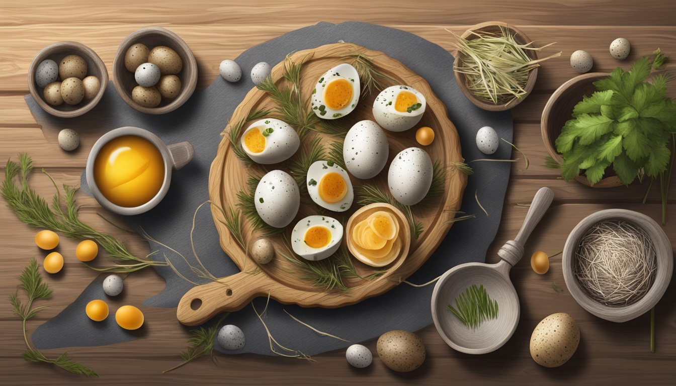 A rustic wooden cutting board with a variety of small dishes and garnishes, surrounded by quail eggs in a nest of straw