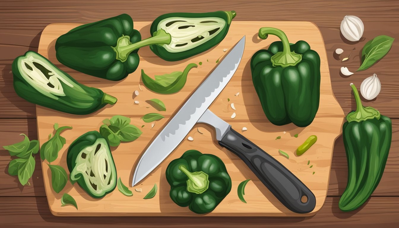 A chef slicing poblano peppers with a knife, surrounded by various cooking ingredients and utensils on a wooden cutting board