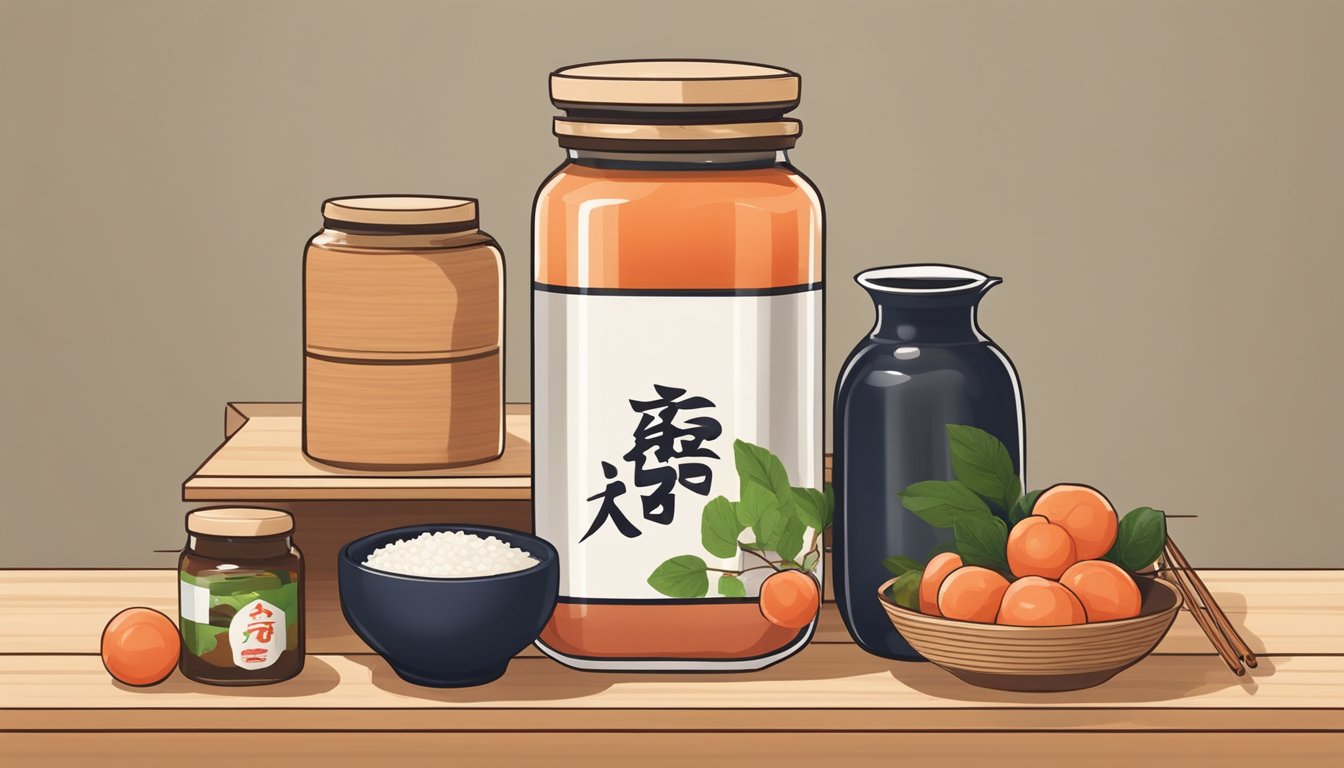 A jar of umeboshi sitting on a wooden shelf, surrounded by traditional Japanese cooking ingredients like rice vinegar and soy sauce