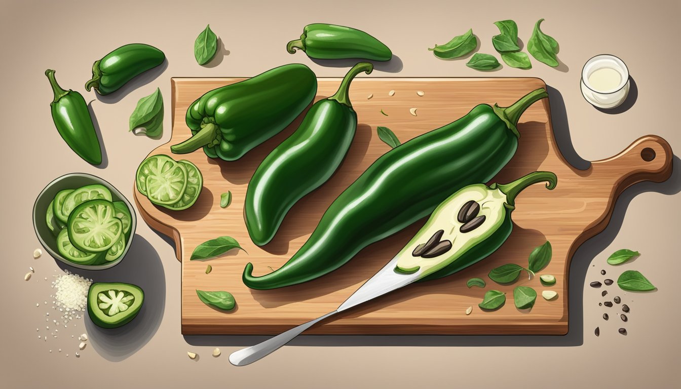 Poblano peppers being sliced and deseeded on a cutting board, surrounded by various cooking ingredients and utensils