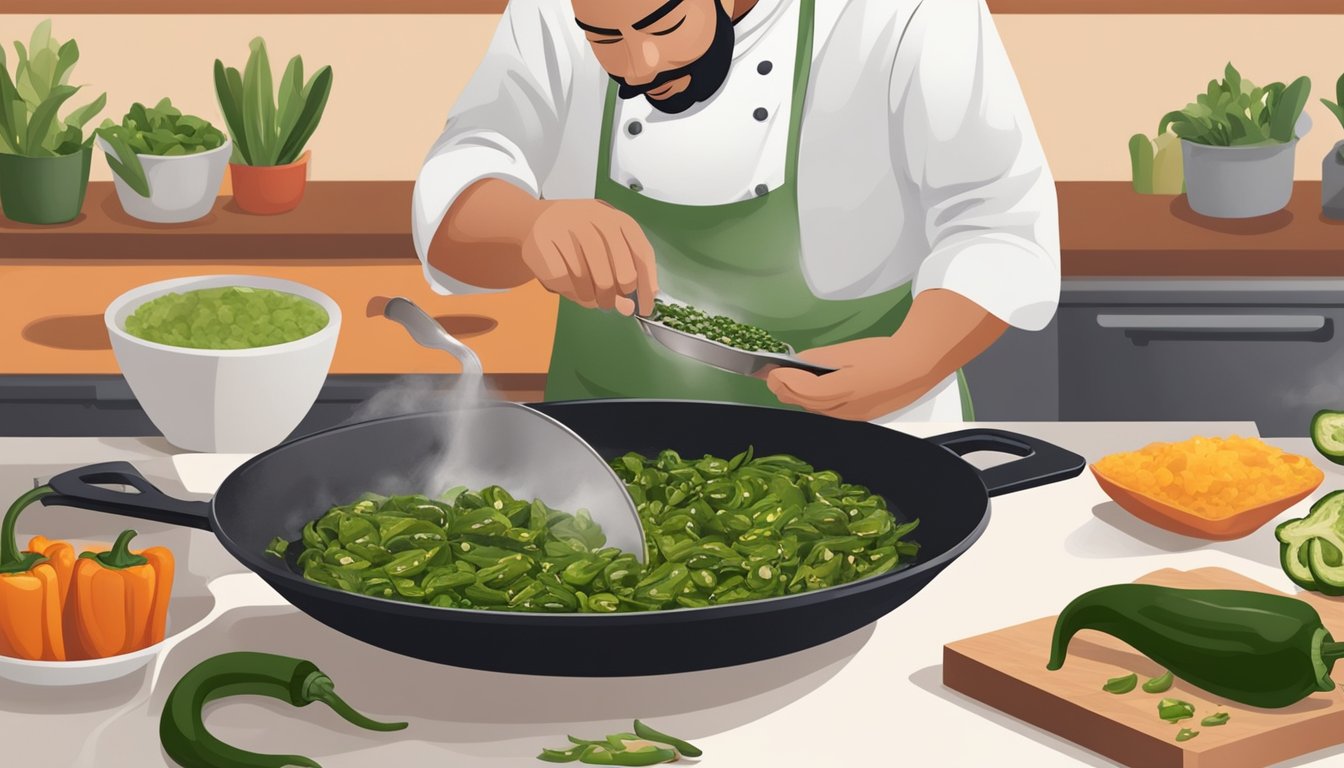 A chef slicing and deseeding poblano peppers, adding them to a sizzling pan with other ingredients, and then serving the finished dish