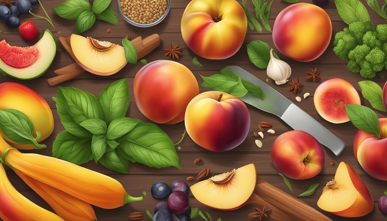 A vibrant assortment of nectarines, herbs, and spices on a wooden cutting board, surrounded by colorful summer fruits and vegetables