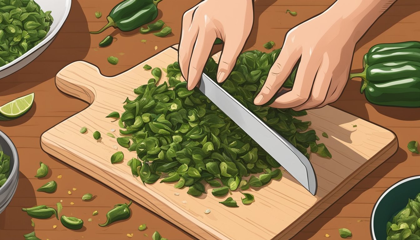 A chef slicing and removing seeds from poblano peppers on a cutting board