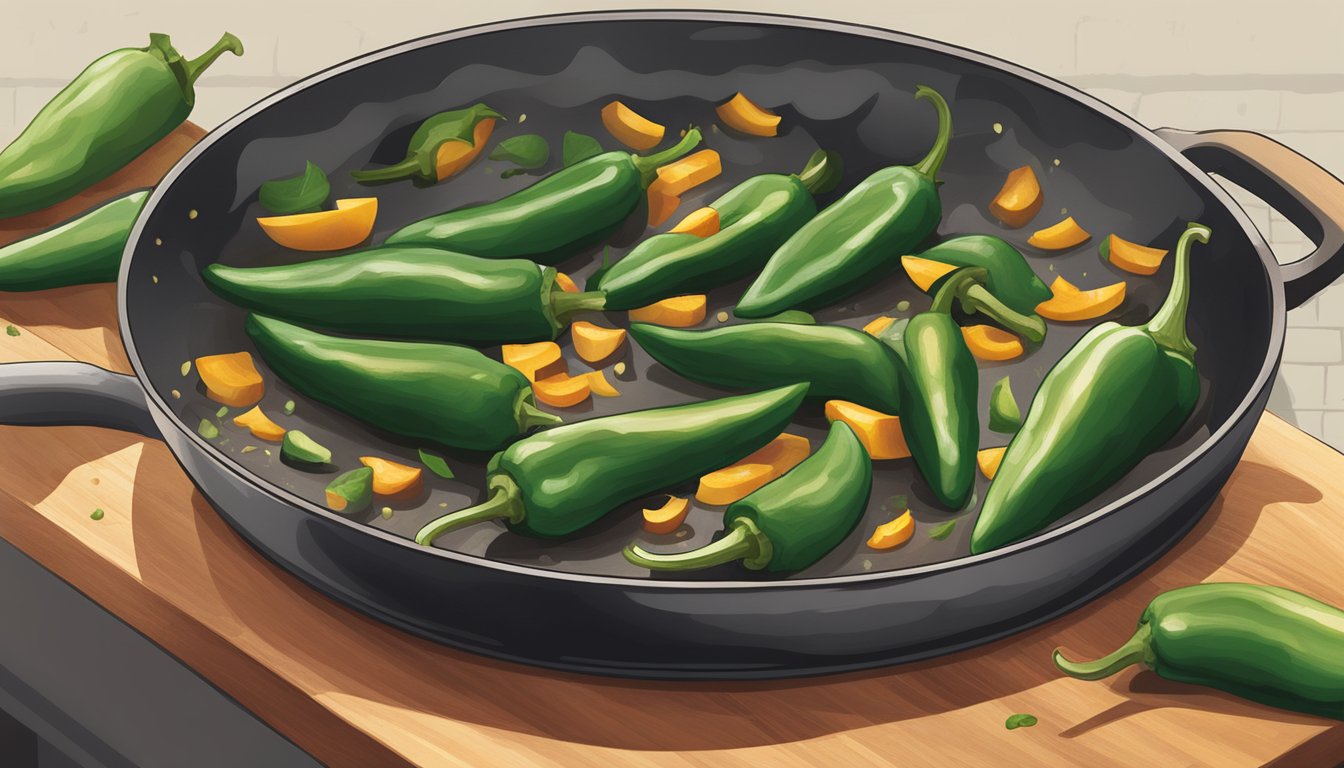 Poblano peppers being sliced and added to a sizzling pan, emitting a mild heat as they cook