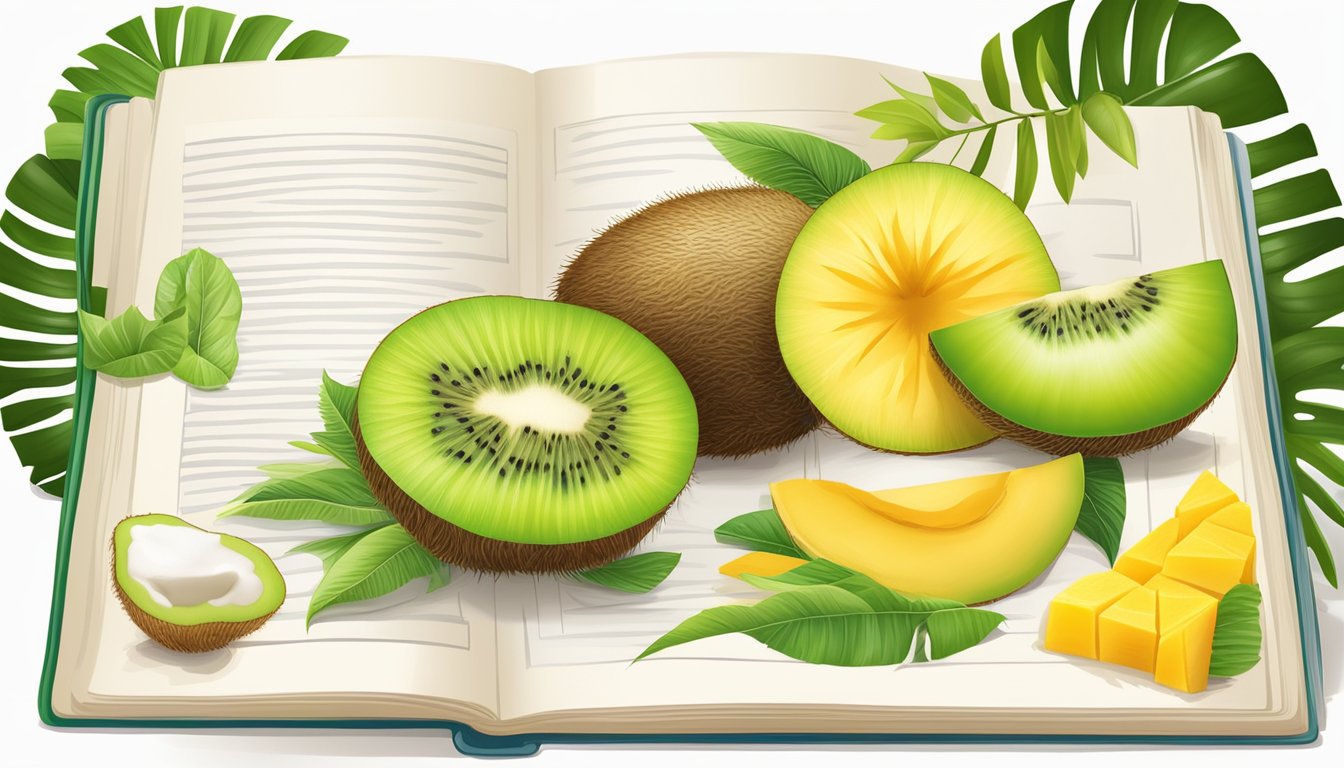 A vibrant kiwi fruit surrounded by tropical ingredients like pineapple, coconut, and mango, with a cookbook open to a kiwi recipe