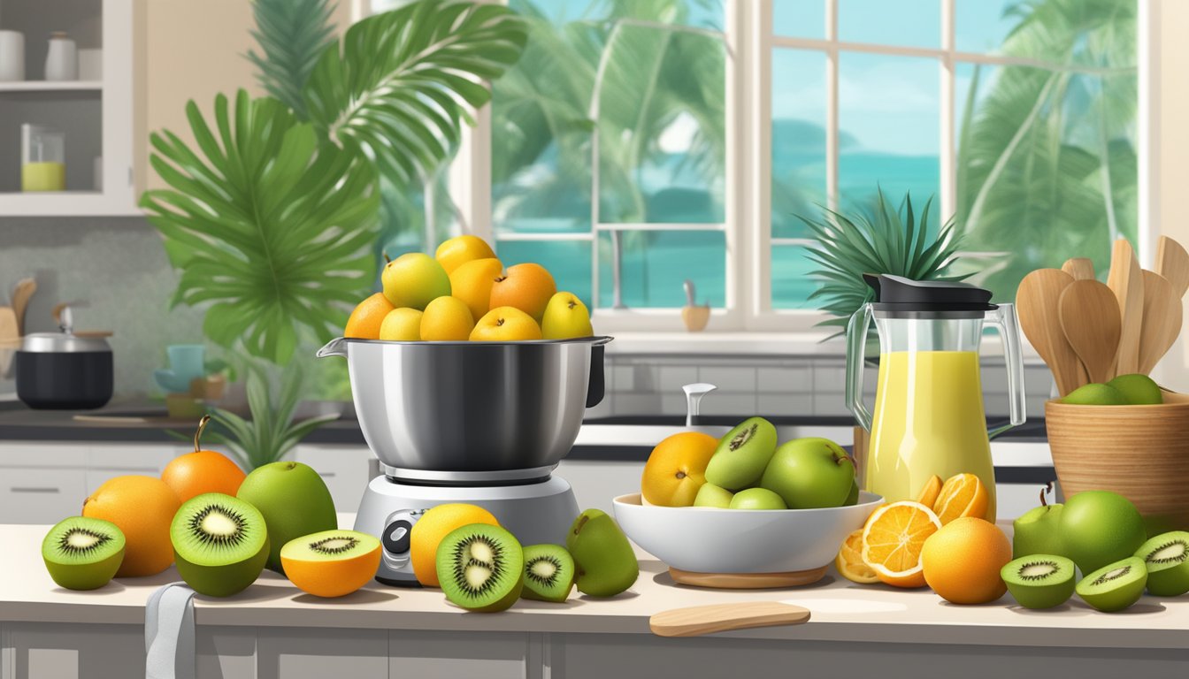 A bright, tropical kitchen with a bowl of ripe kiwis, a cutting board, and a chef's knife. A blender and various other fruits are scattered on the countertop