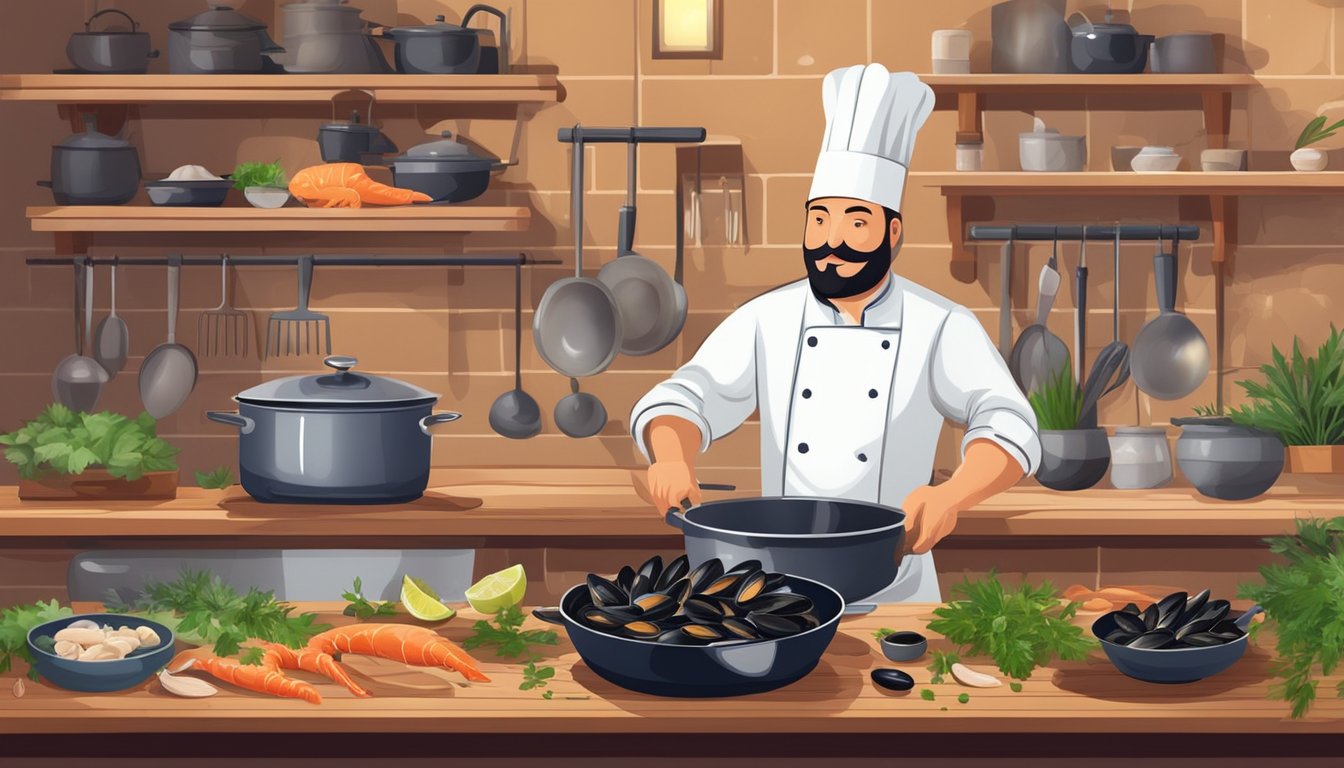 A chef prepares mussels in a steaming pot, surrounded by fresh herbs and seafood ingredients on a wooden kitchen counter