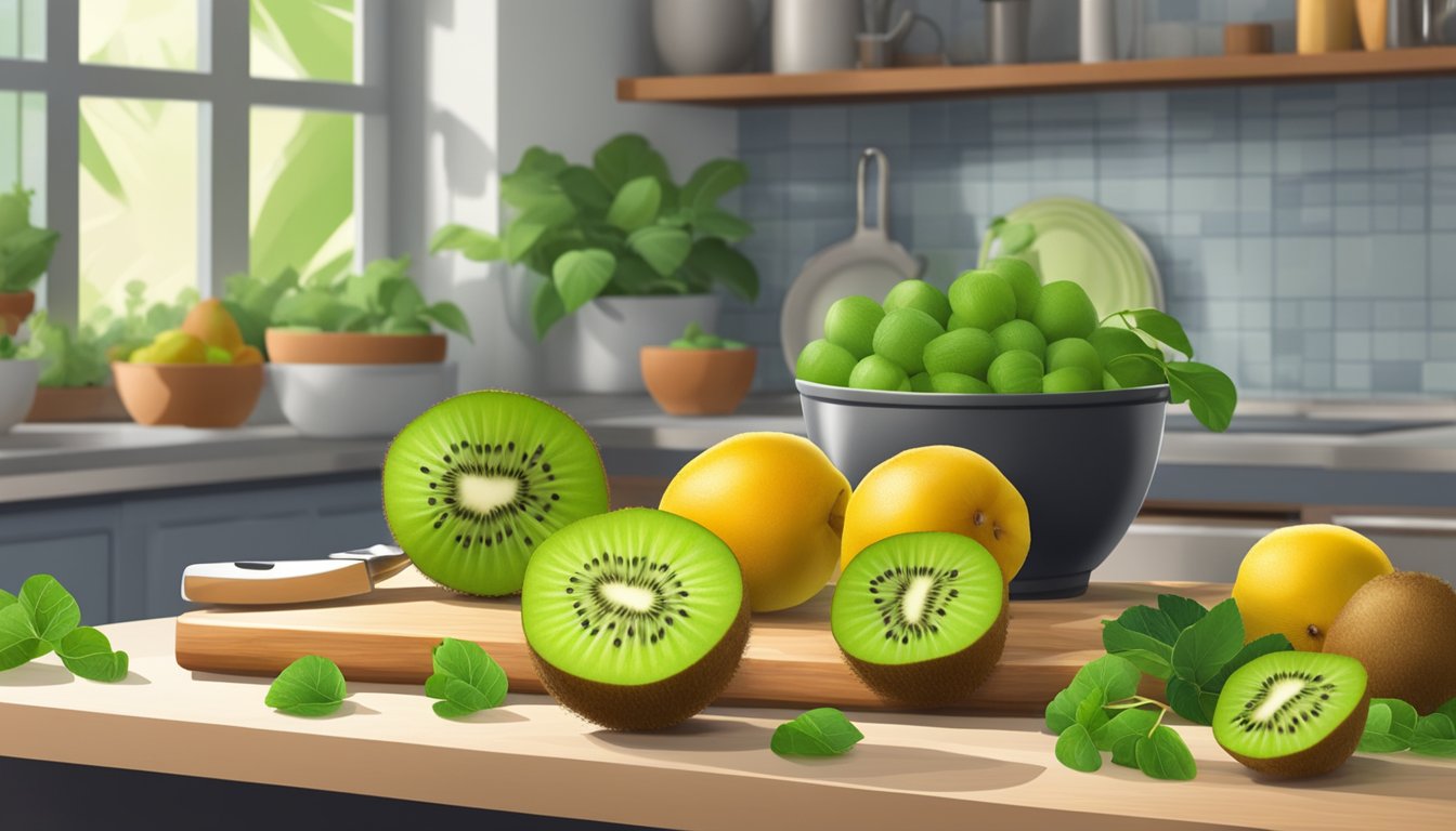 A vibrant kitchen counter with a bowl of ripe kiwi, a cutting board, and a chef's knife. Tropical fruits and greenery in the background