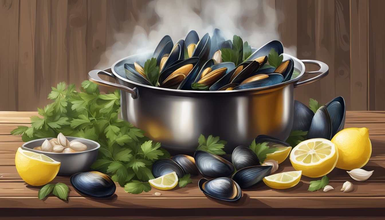 A steaming pot of mussels, surrounded by fresh herbs, garlic, and lemons on a rustic wooden table