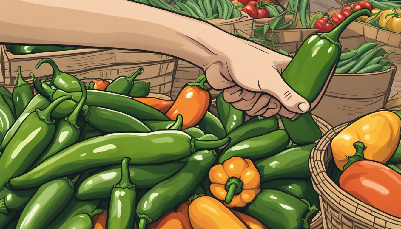 A hand reaching for a fresh jalapeño pepper from a pile at the market, with a basket of produce in the background