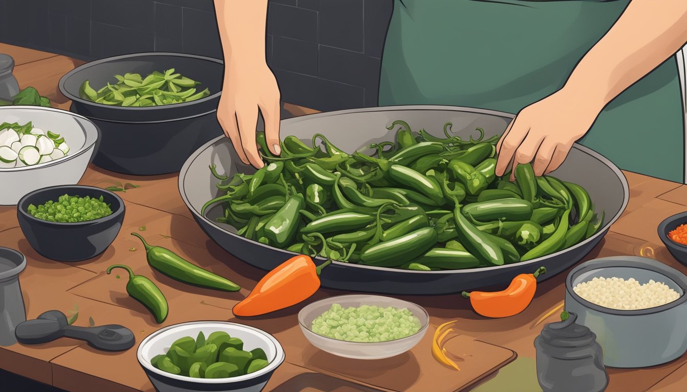 A chef chopping jalapeños while a pot simmers on the stove. A variety of fresh ingredients and spices are laid out on the counter