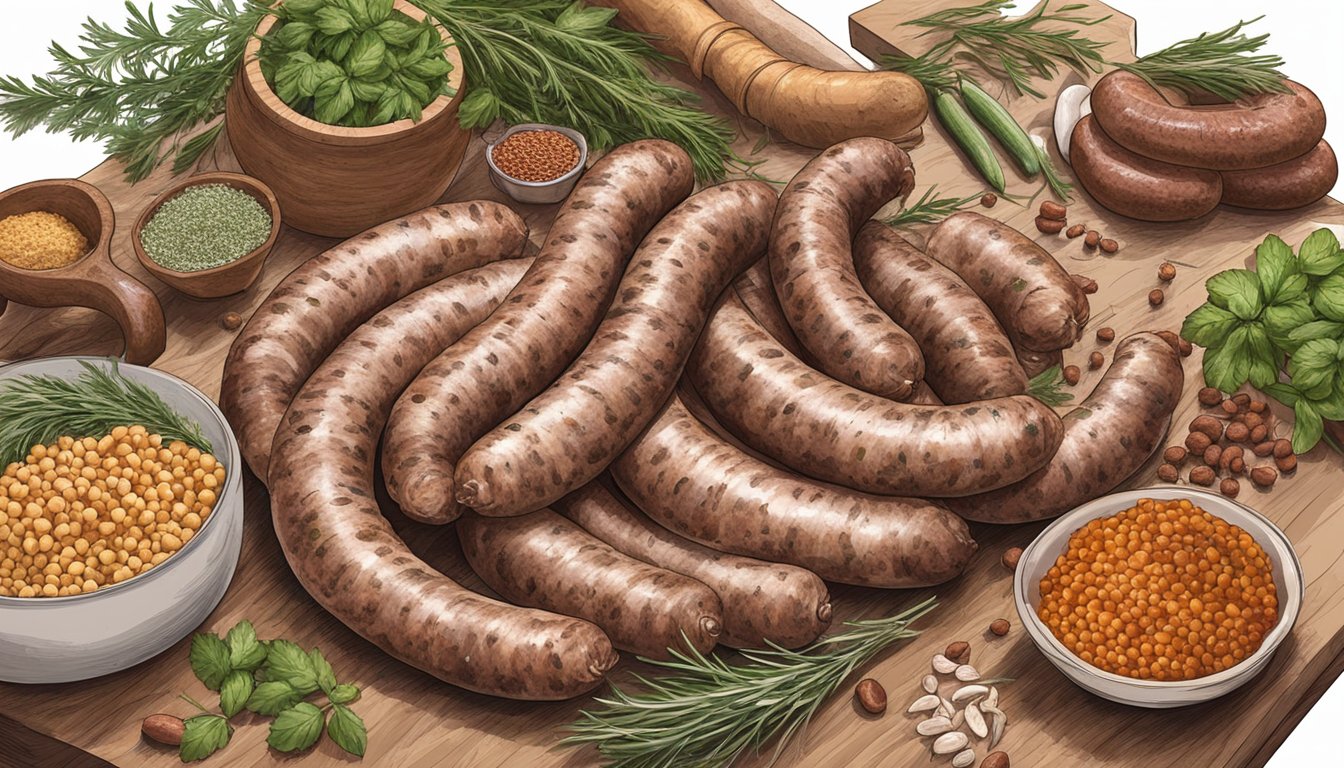 A hand reaching for a coil of Italian sausage on a butcher's counter, surrounded by fresh herbs and spices