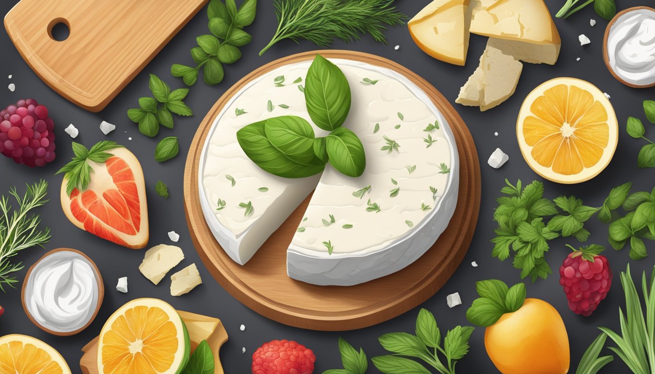 A wooden cutting board with a variety of creamy goat cheese textures, surrounded by fresh herbs and fruits