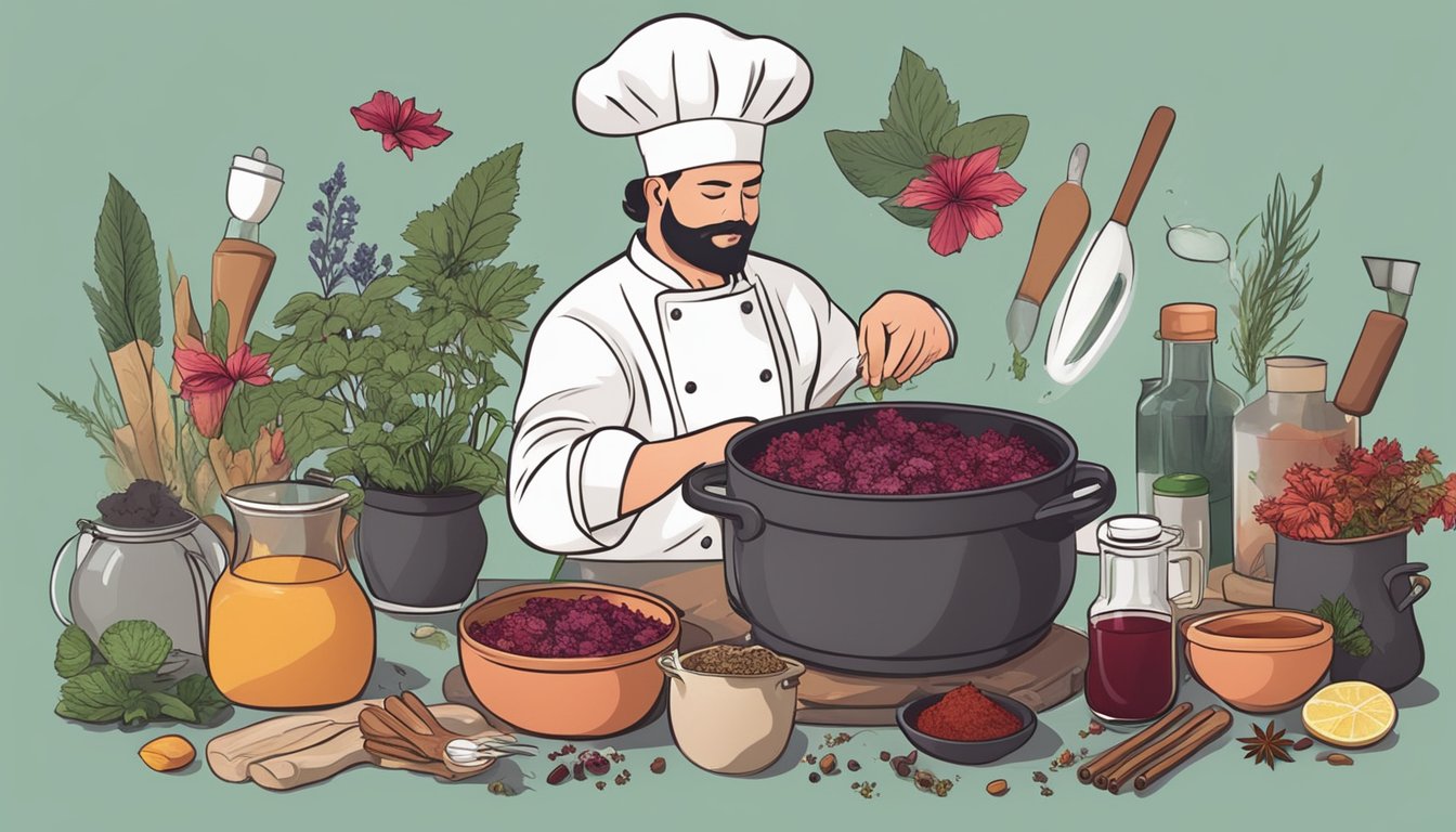 A chef adding dried hibiscus flowers to a pot of simmering liquid, surrounded by various herbs, spices, and cooking utensils