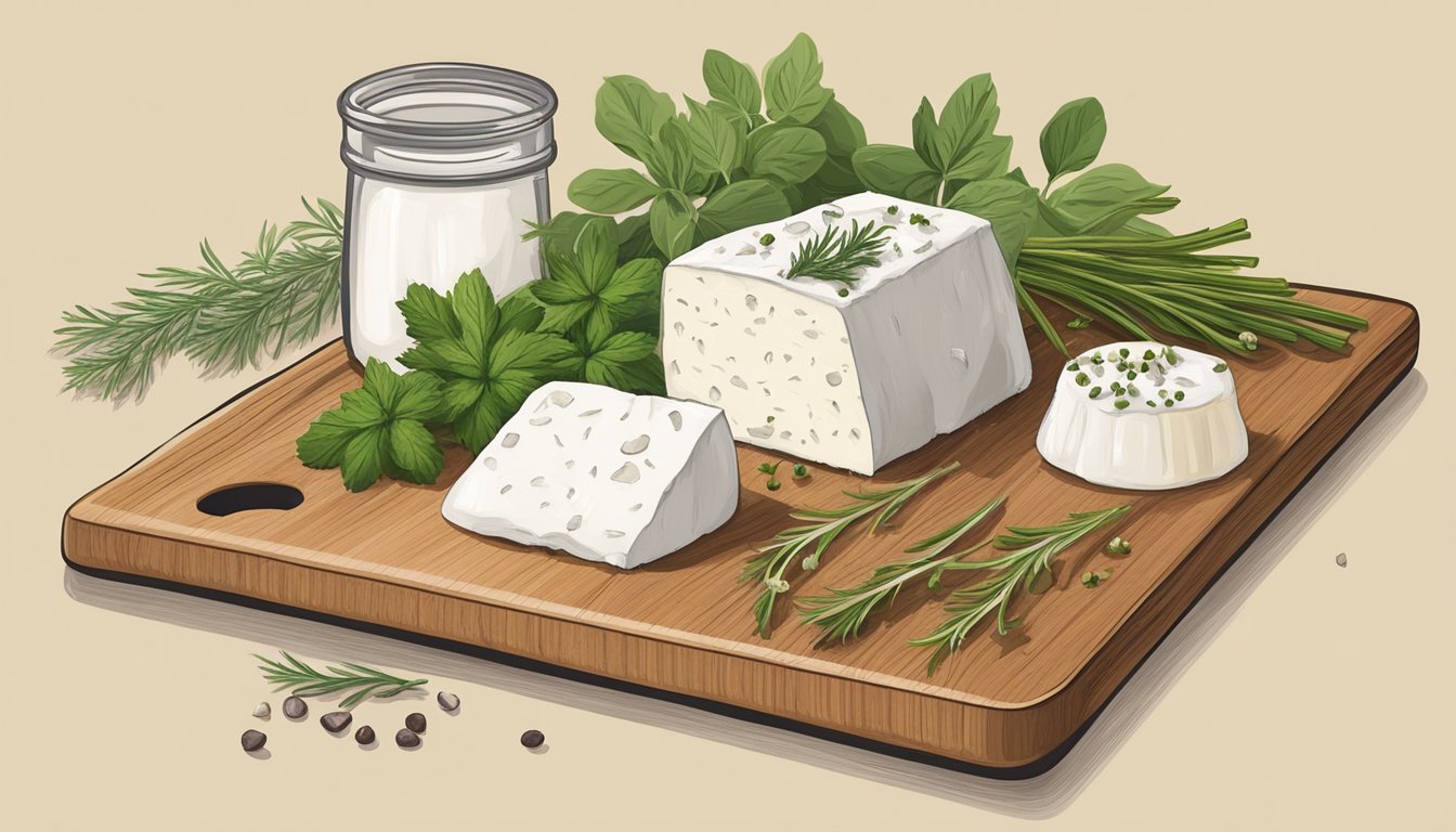 A wooden cutting board with a block of goat cheese, a cheese grater, and a small bowl of creamy goat cheese spread, surrounded by fresh herbs and spices