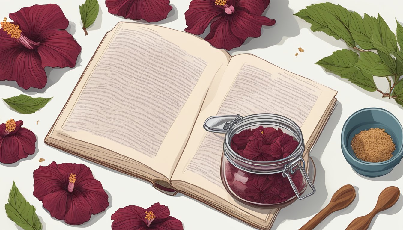 A kitchen counter with dried hibiscus flowers in a glass jar, a mortar and pestle, and a recipe book open to a page on hibiscus cooking